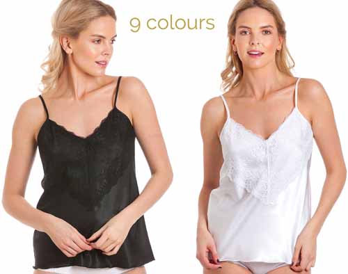 satin camisole tops in black and white